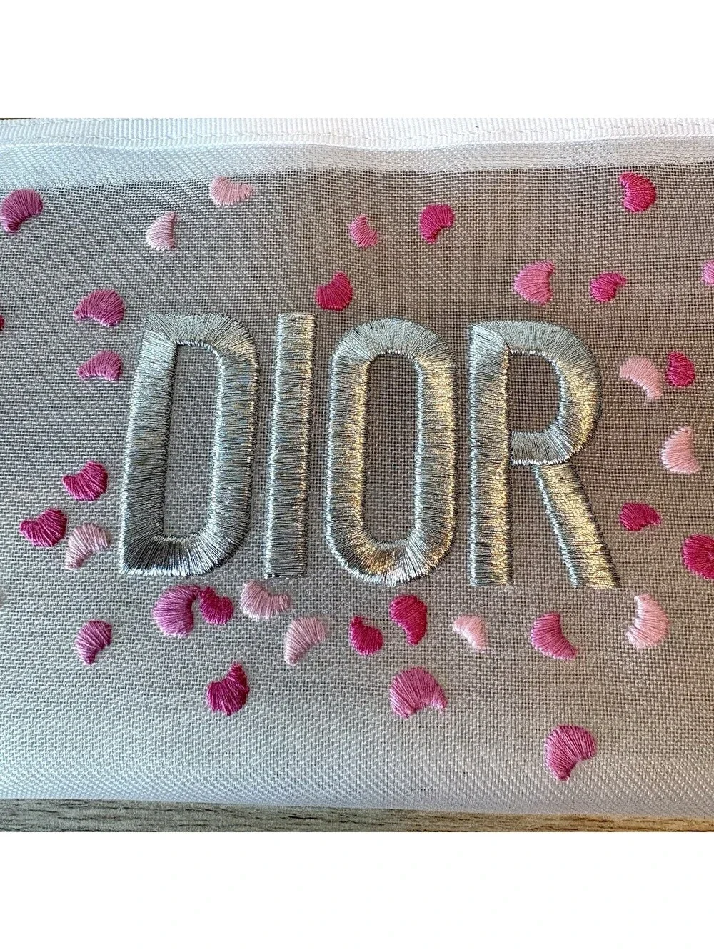 Dior White Mesh Makeup Bag Pouch, Embroidered Pink/Red Petals, Limited Edition